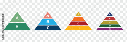 Levels of triangular pyramid. Pyramid infographic set. Business concept. Triangle hierarchy data segments collection. Half triangle pyramid chart. Vector illustration. Eps file 90.