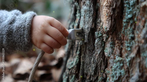 A child trying to plug a cable into a tree trunk. Concept of tech dependence and lost connection to nature