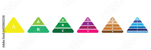 Pyramid infographic set. Levels of triangular pyramid. Triangle hierarchy data segments collection. Business concept. Half triangle pyramid chart. Vector illustration. Eps file 93.