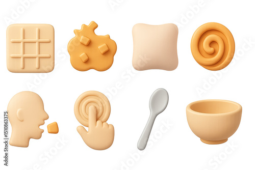 Mindful Food Icons. 3D icons set of mindful food texture focus: texture grid, crunchy icon, soft icon, smooth swirl, chew icon,