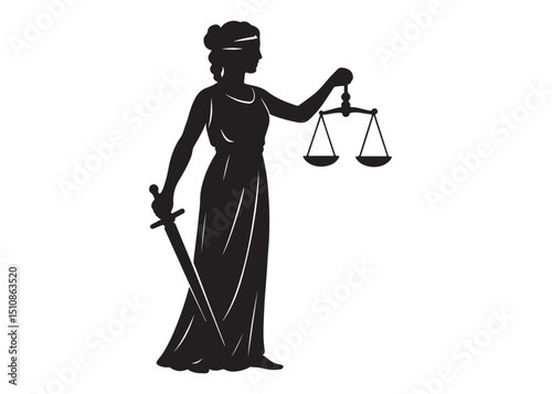 justice scales lady logo silhouette vector, lady justice logo  icon silhouette, woman holding scales of justice silhouette lady lawyer logo design vector illustration silhouette on a white background 
