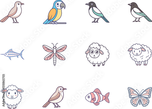 Several charming animals with blue and pink accents pose cheerfully against a plain white canvas