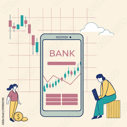 Mobile Banking and Investment: Illustration of mobile banking app interface displaying stock market charts, alongside two individuals checking financial data on laptops.