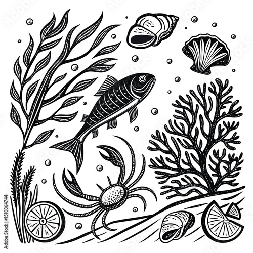 Ocean Treasures: A meticulously crafted, monochrome artwork of marine life, featuring a vibrant fish, a detailed crab, various seashells, kelp, and slices of lemon.