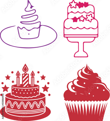 Cute seamless pattern of cartoon cupcakes and cakes with sweet decorations in a vector illustration