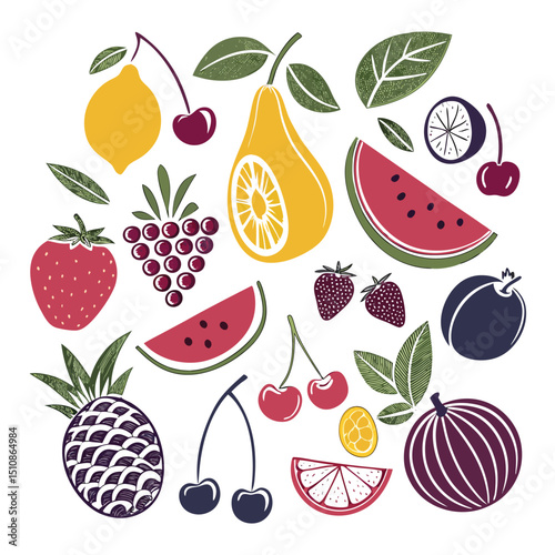 Vibrant Fruit Arrangement: A colorful assortment of stylized fruits bursts with vitality, each piece radiating natural goodness. This inviting array is perfect for visual content.