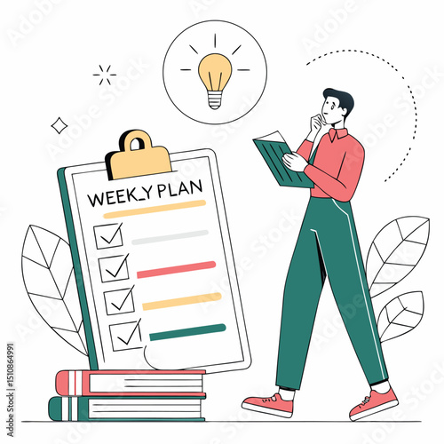 Strategic Weekly Plan: A focused individual contemplates a weekly plan, envisioning ideas and strategies for optimal performance, illustrating the steps toward success and achievement.