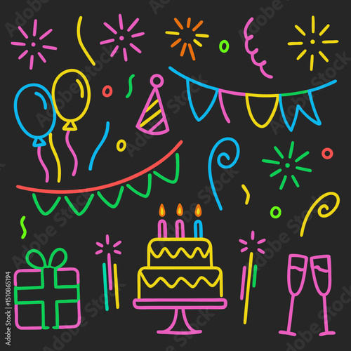 Birthday Party Icons – Celebration Cake, Balloons, and Confetti Vector Set

