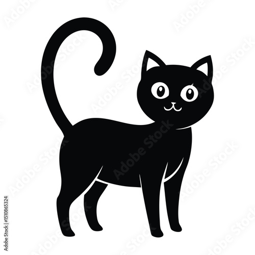 Halloween cat silhouette, Halloween simple cat silhouette black on white, Black cat, scary cartoon Halloween Vector illustration