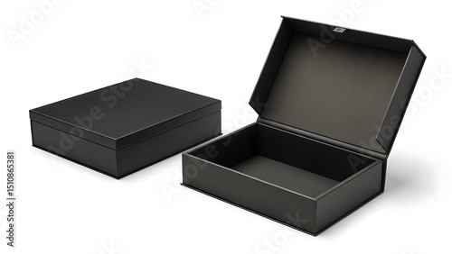 Two black cardboard gift boxes, one open, one closed