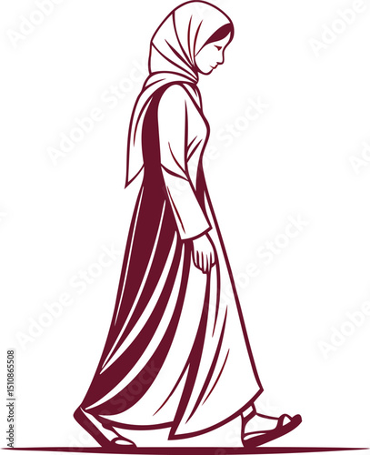 Side profile of a woman in a hijab walking gracefully in a long dress