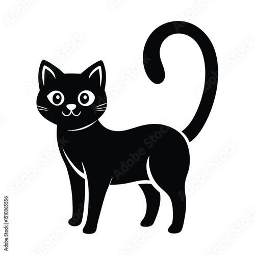 Halloween cat silhouette, Halloween simple cat silhouette black on white, Black cat, scary cartoon Halloween Vector illustration