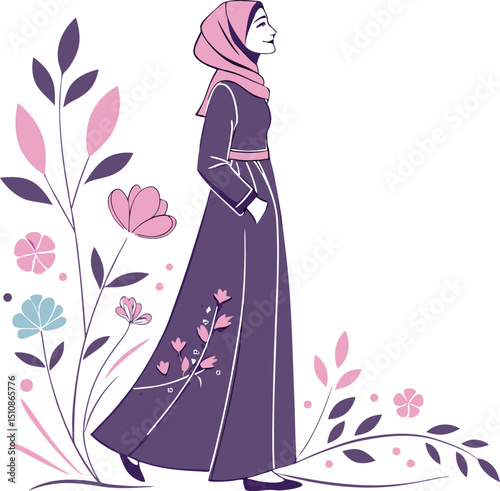 Elegant muslim woman in hijab walking amidst blooming flowers