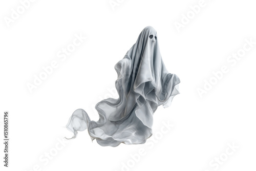 PNG Flowing ghostly figure in white fabric with black eye holes on black background