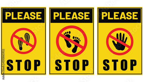 Safety First Stop Signs Set Yellow Black Warning No Entry Footprint Handprint