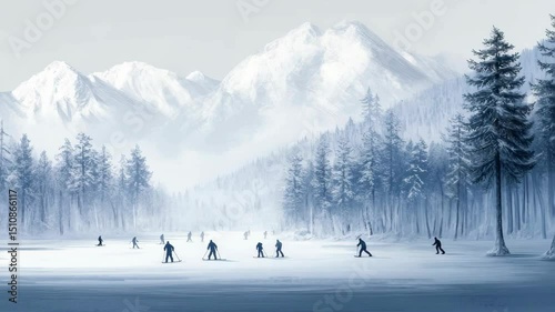 People skating on a frozen lake in front of snowy mountains in a pencil drawing style. Skiers glide through the trees, snow-covered branches rendered in detailed lines, and misty mountain silhouettes 