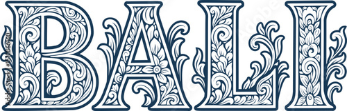 Elegant Monochrome Balinese Lettering Spelling “BALI” with Traditional Floral Ornament Inside in Blue Ink Style