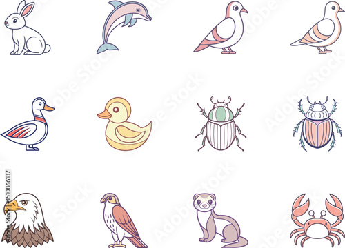 Cartoon mammals, birds, and insects are featured with simple lines on a white background