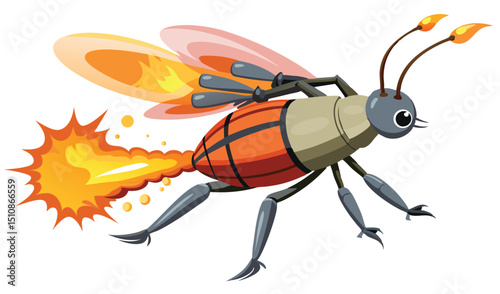 Firefly Jet Propulsion: A whimsical illustration of a futuristic firefly-like insect with jet propulsion, speeding across the scene with fiery exhaust.