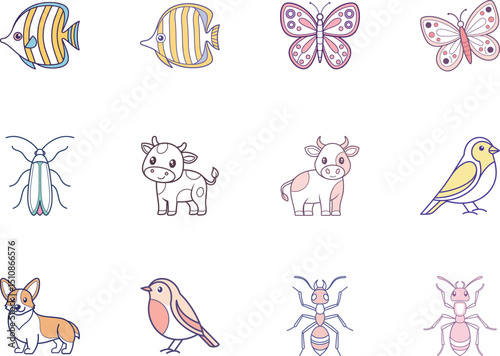 Cartoon animals and insects collection fish, butterfly, beetle, cows, bird, dog, robin, and ants set