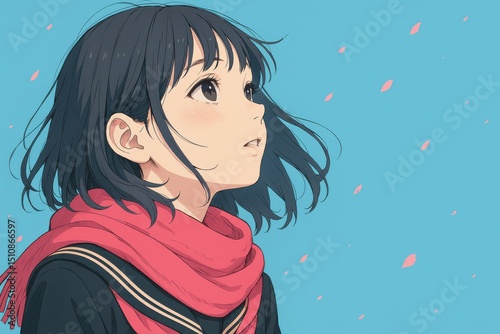 赤いマフラーを巻いた少女のアニメ風イラスト、空を見上げる