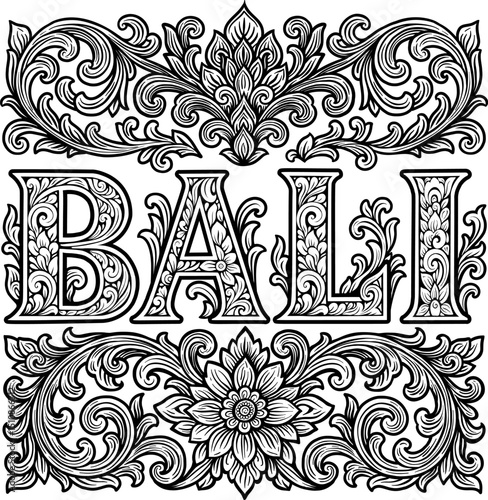 Traditional Balinese Floral Ornament with BALI Typography in Vintage Wood Carving Style