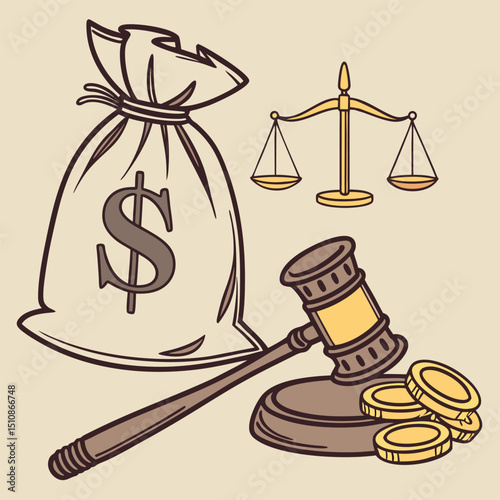 Justice and Financial Balance: A captivating illustration that intertwines the concept of justice with monetary significance, showing a balance of the scales, gavel, money bag, and coins.
