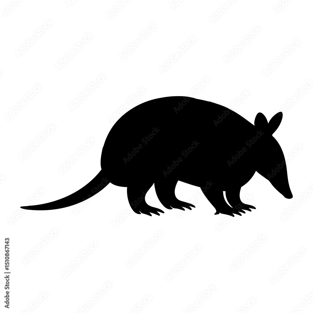 Obraz premium Silhouette of an armadillo standing with its head down and tail extended on a white background space