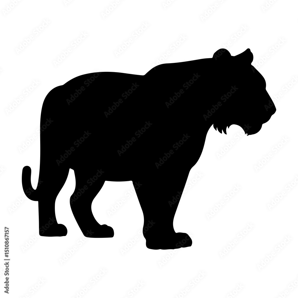 Fototapeta premium Silhouette of a tiger standing in profile with its tail curled and a solid black fill on a white background