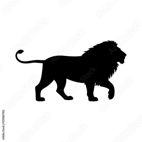 Silhouette of a majestic lion walking with its tail curled up in a simple black and white design