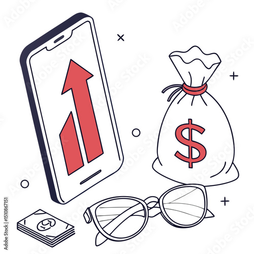 Financial Growth and Insight: A striking illustration capturing financial progress through a rising arrow, accompanied by a money bag, currency, and a pair of glasses.