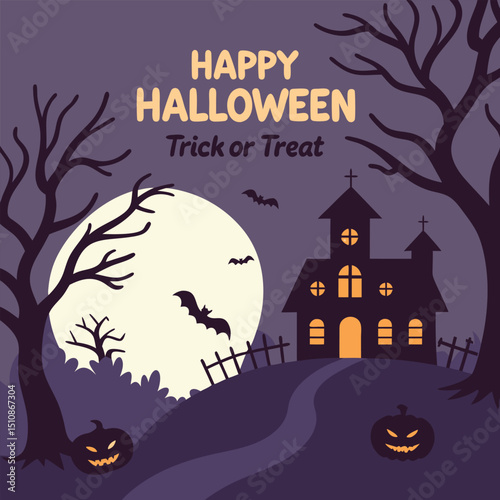 Spooky Halloween Night: A whimsical scene of a haunted house with a full moon, carved pumpkins, bats and spooky trees. Invoking the spirit of trick-or-treating, this vibrant.
