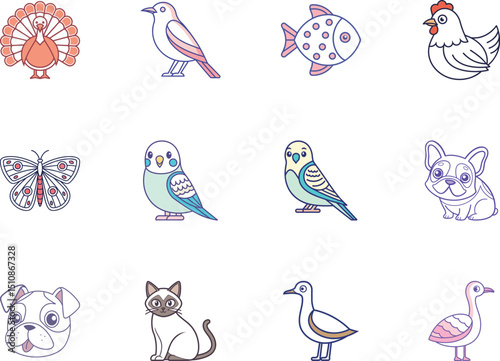 Colorful outlines of domestic animals and wild birds stand against a white background