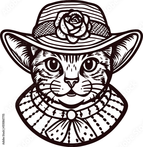 of a cat wearing a fancy hat with a flower and victorian collar