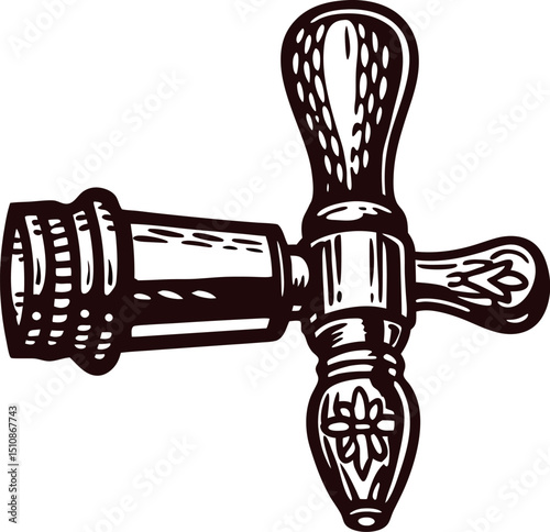 Vintage faucet handle in black and white engraving