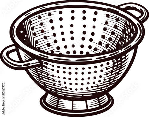 Vintage metal colander with intricate detailing in monochrome artwork