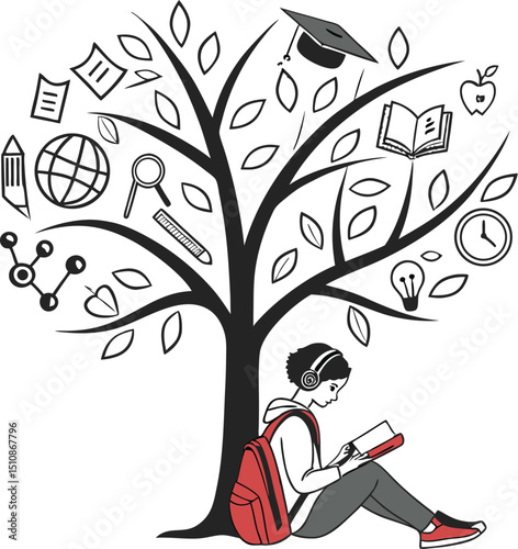 Minimalist Line Art: Student Reading Under Knowledge Tree with Educational Icons