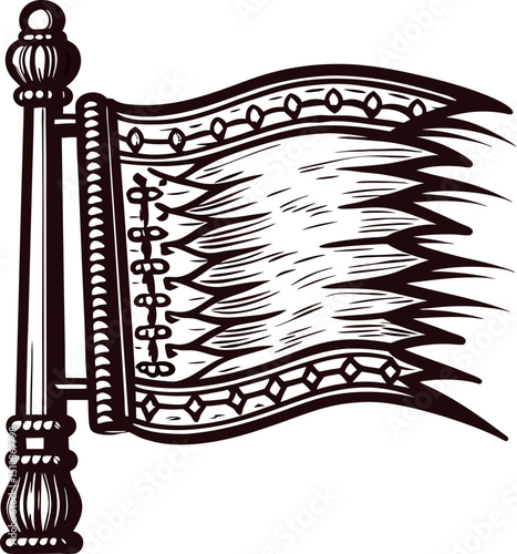 Decorative tibetan prayer flag with intricate patterns on wooden pole design