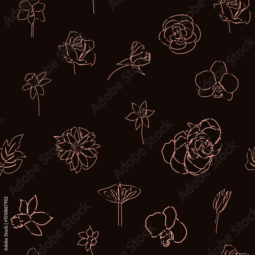 Female portrait Outline woman face, abstract flowers leaves, line continuous drawing vector seamless pattern.