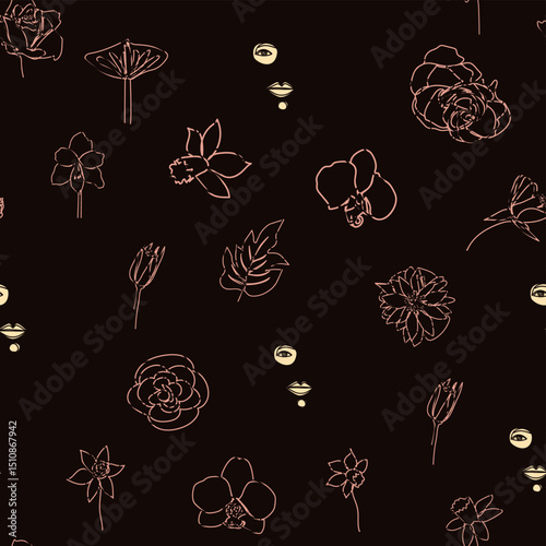 Female portrait Outline woman face, abstract flowers leaves, line continuous drawing vector seamless pattern.