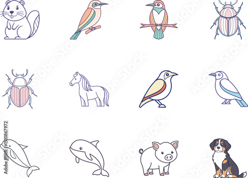 Isolated set showcases line animals including a beaver, birds, beetles, dolphin, pig, and dog
