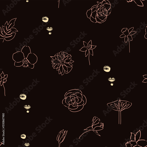 Female portrait Outline woman face, abstract flowers leaves, line continuous drawing vector seamless pattern.