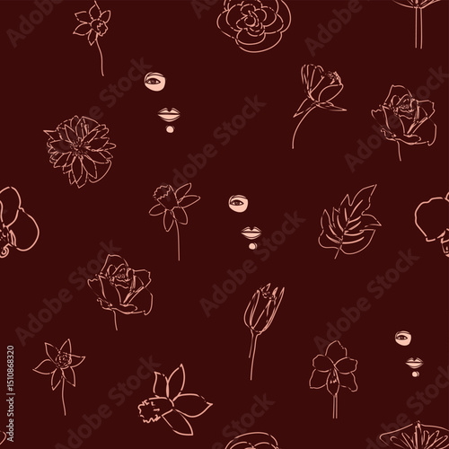 Female portrait Outline woman face, abstract flowers leaves, line continuous drawing vector seamless pattern.