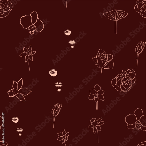 Female portrait Outline woman face, abstract flowers leaves, line continuous drawing vector seamless pattern.