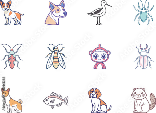 Cute animals and insects are displayed on a white background with cartoon design