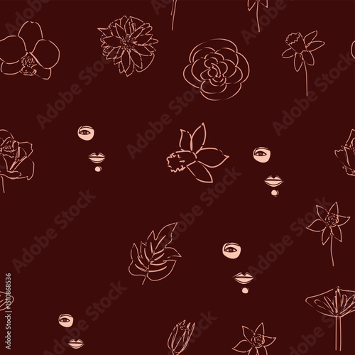 Female portrait Outline woman face, abstract flowers leaves, line continuous drawing vector seamless pattern.