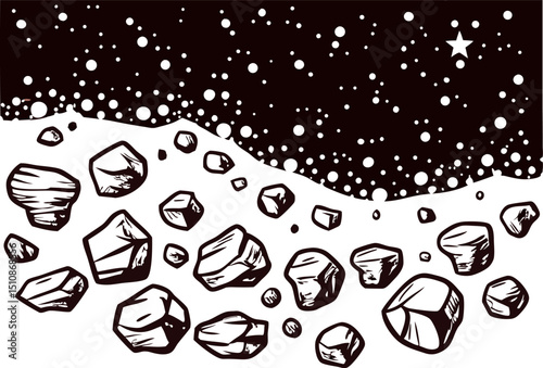 Outer space asteroids floating in cosmic starfield