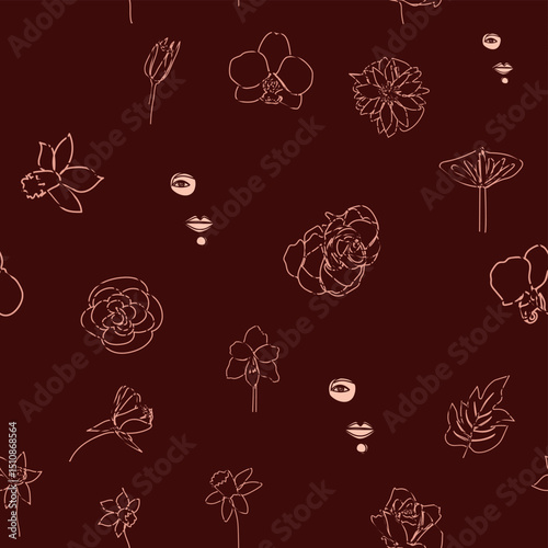 Female portrait Outline woman face, abstract flowers leaves, line continuous drawing vector seamless pattern.