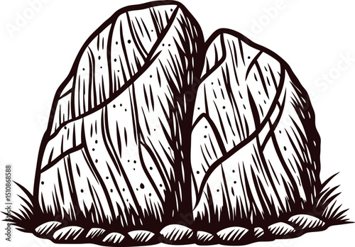 of twin rock formation with textured surface and grass base