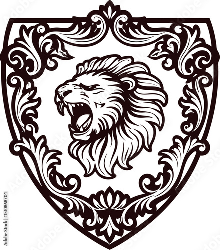 Regal lion emblem in ornate shield design with fierce expression